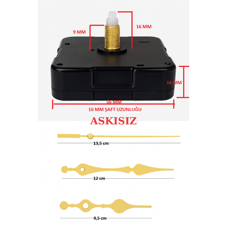 Askısız 16 mm Şaft Akar Sessiz Duvar Saati Mekanizması -Metal akrep-yelkovan-saniye