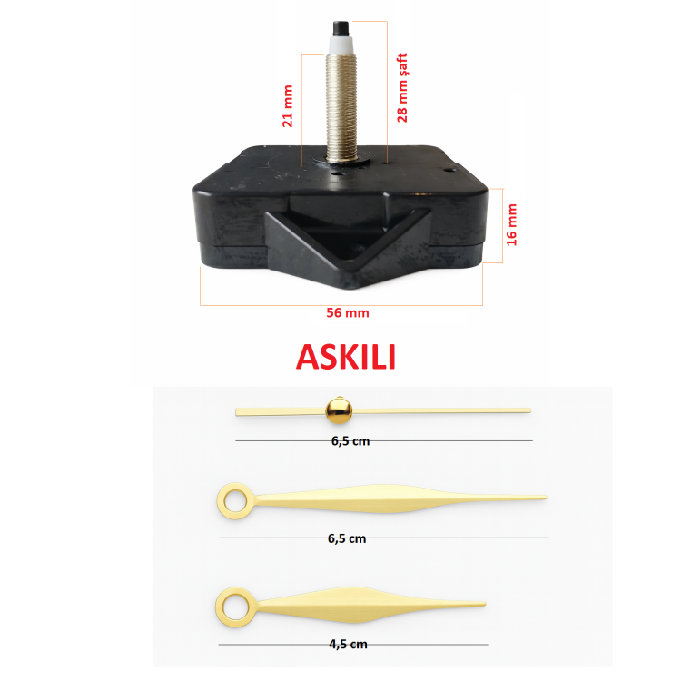 Askılı 28 mm Şaft Akar Sessiz Duvar Saati Mekanizması -Metal akrep-yelkovan-saniye