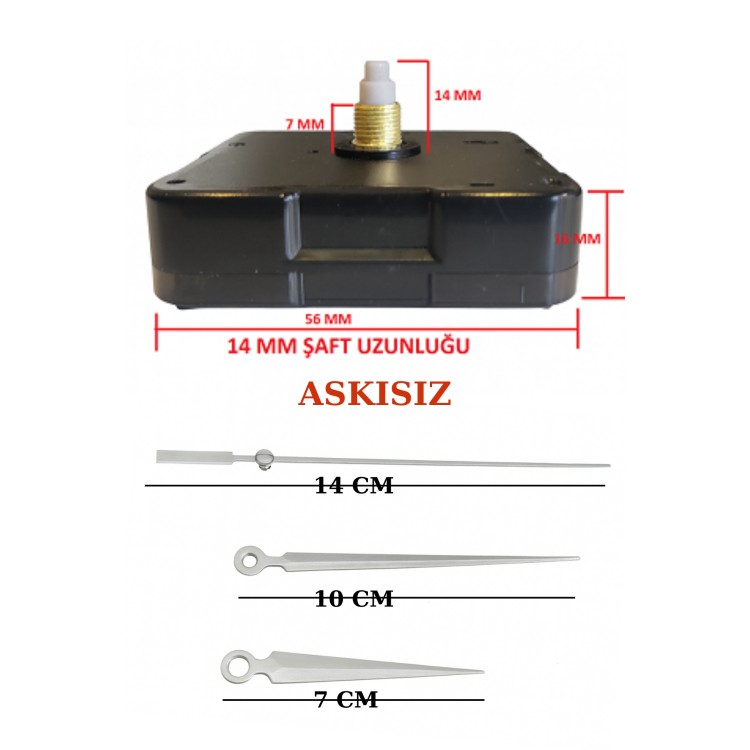 Askısız 14 mm Şaft Akar Sessiz Duvar Saati Mekanizması -Metal akrep-yelkovan-saniye