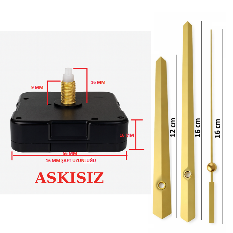 Askısız 16 mm Şaft Akar Sessiz Duvar Saati Mekanizması -Metal akrep-yelkovan-saniye