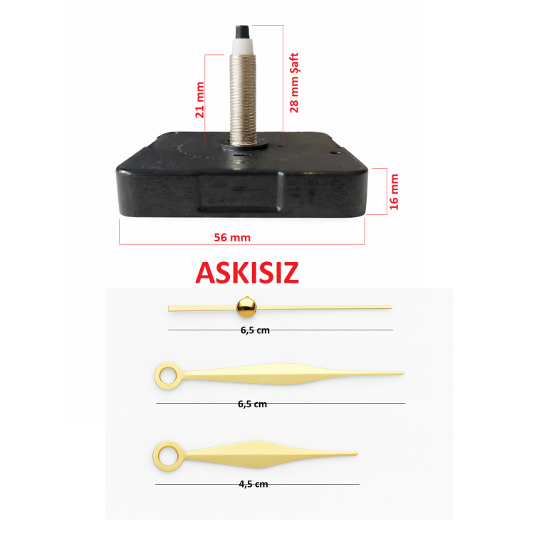 Askısız 28 mm Şaft Akar Sessiz Duvar Saati Mekanizması -Metal akrep-yelkovan-saniye
