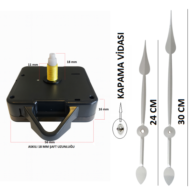 Askılı 18 mm Şaft  Akar Sessiz Duvar Saati Mekanizması -Metal akrep-yelkovan-saniye