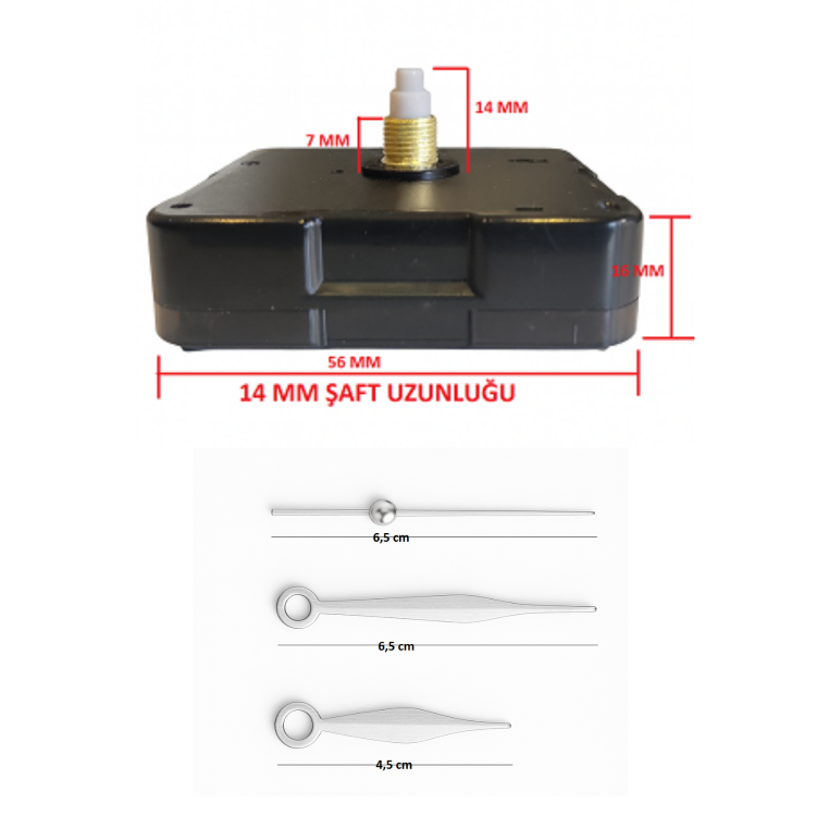 Askısız 14 mm Şaft Akar Sessiz Duvar Saati Mekanizması -Metal akrep-yelkovan-saniye