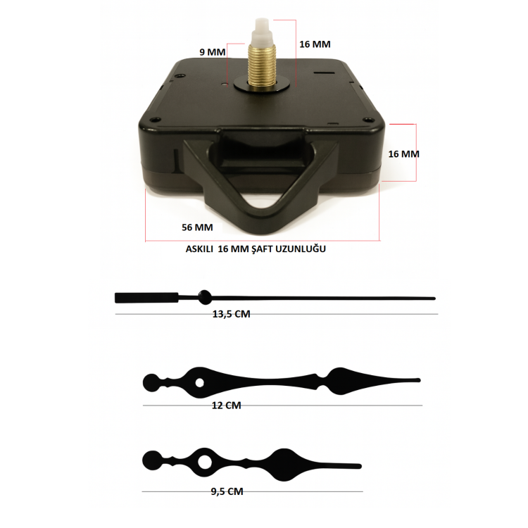 Askılı 16 mm Şaft  Akar Sessiz Duvar Saati Mekanizması -Metal akrep-yelkovan-saniye