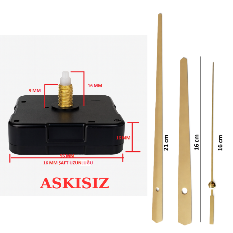 Askısız 16 mm Şaft Akar Sessiz Duvar Saati Mekanizması -Metal akrep-yelkovan-saniye