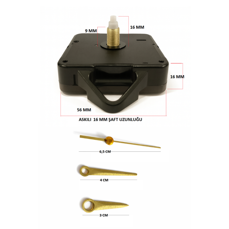 Askılı 16 mm Şaft Akar Sessiz Duvar Saati Mekanizması -Metal akrep-yelkovan-saniye