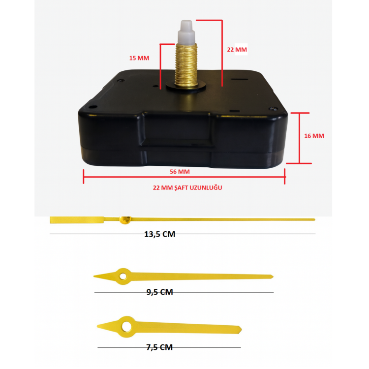 Askısız 22 mm Şaft Akar Sessiz Duvar Saati Mekanizması -Metal akrep-yelkovan-saniye