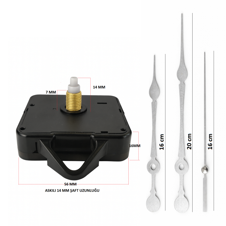 Askılı 14 mm Şaft Akar Sessiz Duvar Saati Mekanizması -Metal akrep-yelkovan-saniye