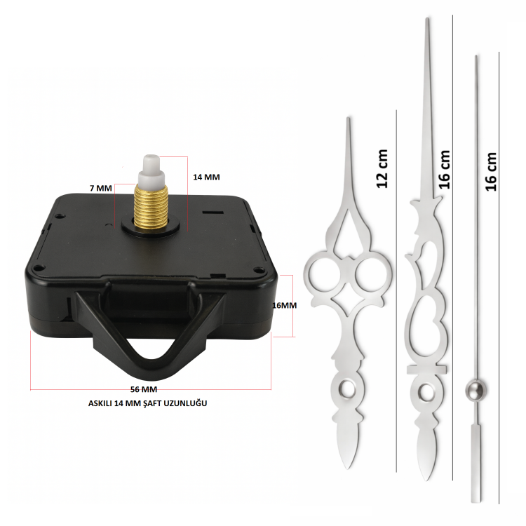 Askılı 14 mm Şaft Akar Sessiz Duvar Saati Mekanizması -Metal akrep-yelkovan-saniye