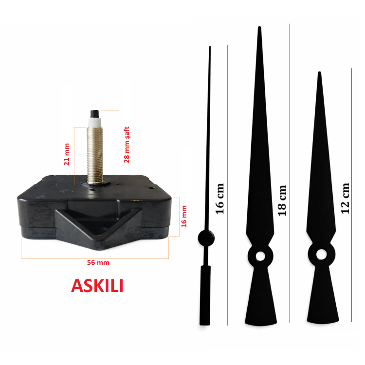 Askılı 28 mm Şaft Akar Sessiz Duvar Saati Mekanizması -Metal akrep-yelkovan-saniye