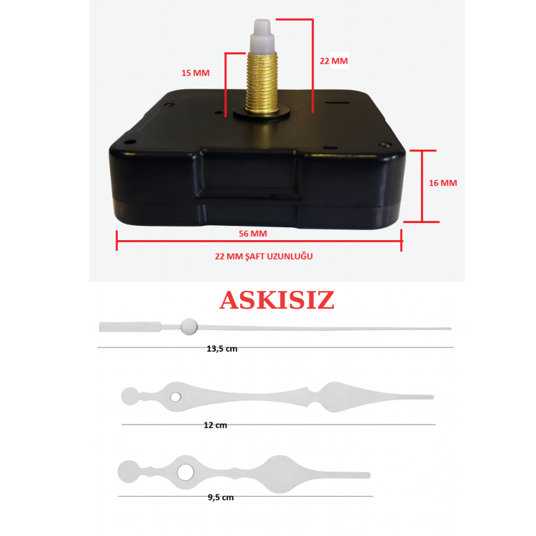 Askısız 22 mm Şaft Akar Sessiz Duvar Saati Mekanizması -Metal akrep-yelkovan-saniye