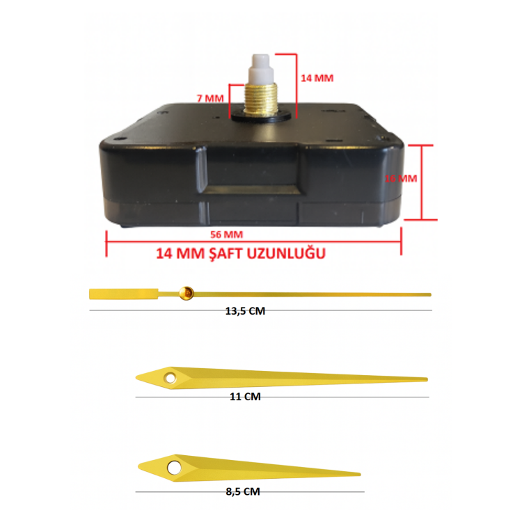 Askısız 14 mm Şaft Akar Sessiz Duvar Saati Mekanizması -Metal akrep-yelkovan-saniye