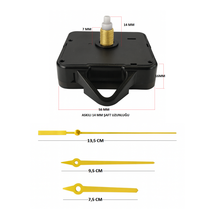 Askılı 14 mm Şaft  Akar Sessiz Duvar Saati Mekanizması -Metal akrep-yelkovan-saniye