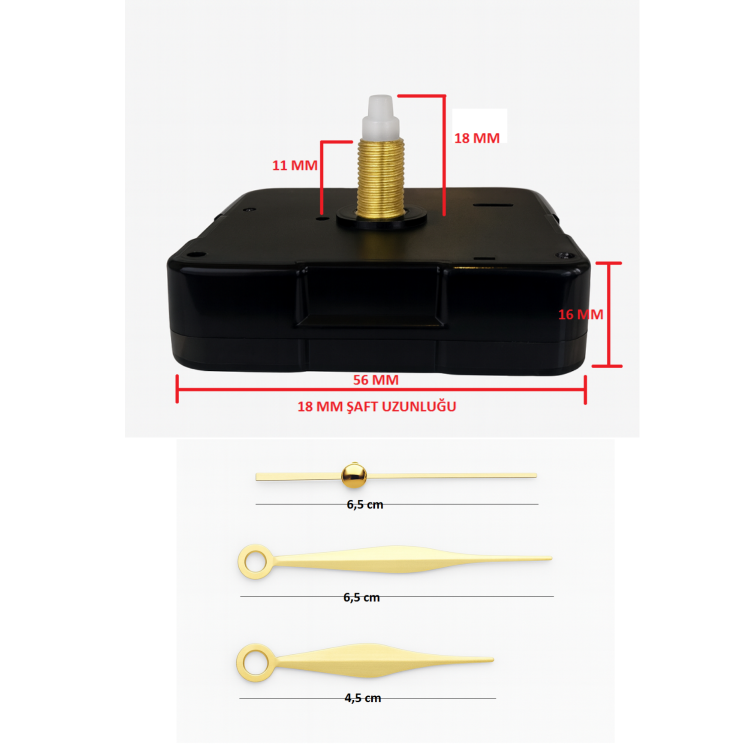 Askısız 18 mm Şaft Akar Sessiz Duvar Saati Mekanizması -Metal akrep-yelkovan-saniye