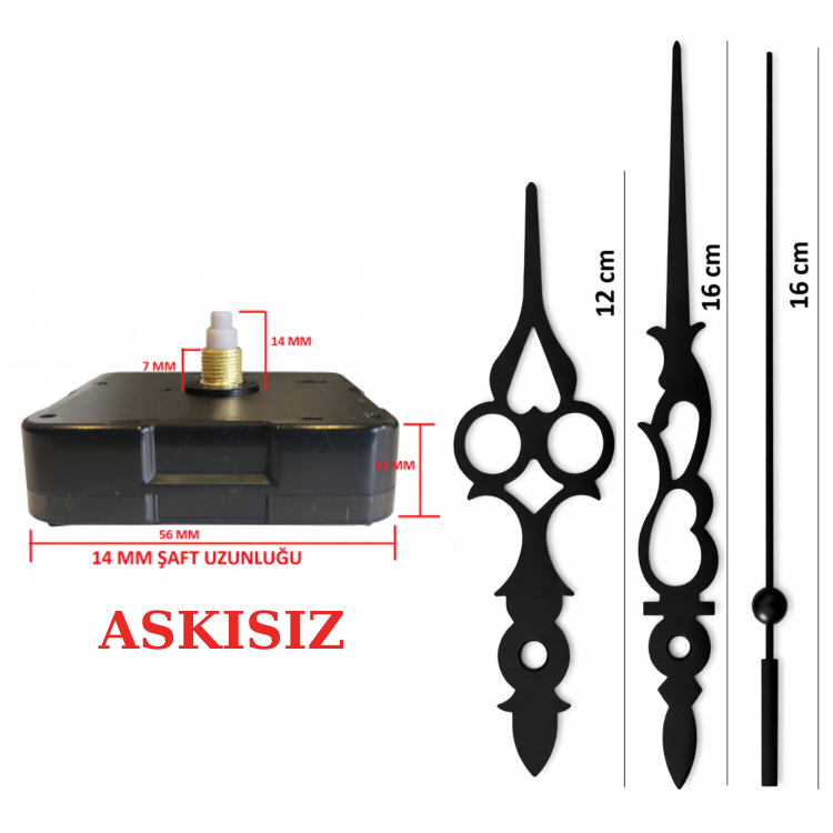 Askısız 14 mm Şaft Akar Sessiz Duvar Saati Mekanizması -Metal akrep-yelkovan-saniye