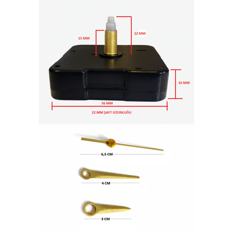 Askısız 22 mm Şaft Akar Sessiz Duvar Saati Mekanizması -Metal akrep-yelkovan-saniye