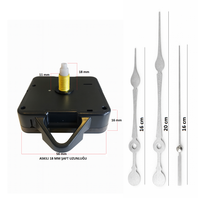 Askılı 18 mm Şaft Akar Sessiz Duvar Saati Mekanizması -Metal akrep-yelkovan-saniye