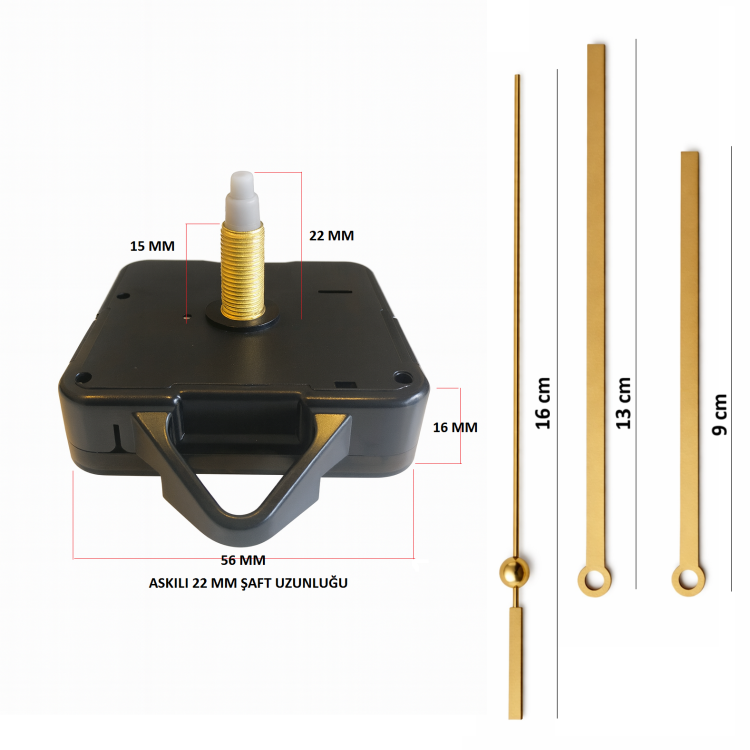 Askılı 22 mm Şaft Akar Sessiz Duvar Saati Mekanizması -Metal akrep-yelkovan-saniye