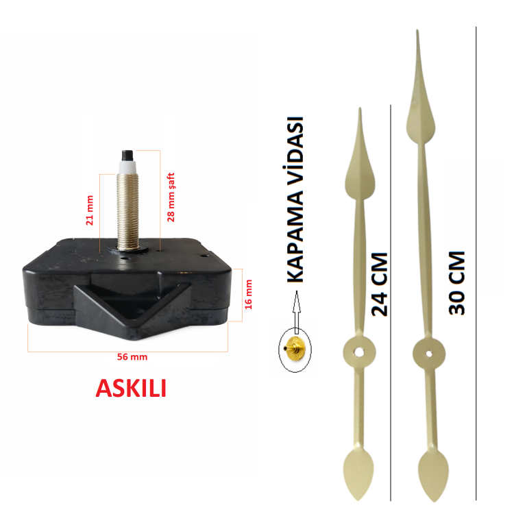 Askılı 28 mm Şaft Akar Sessiz Duvar Saati Mekanizması -Metal akrep-yelkovan-saniye