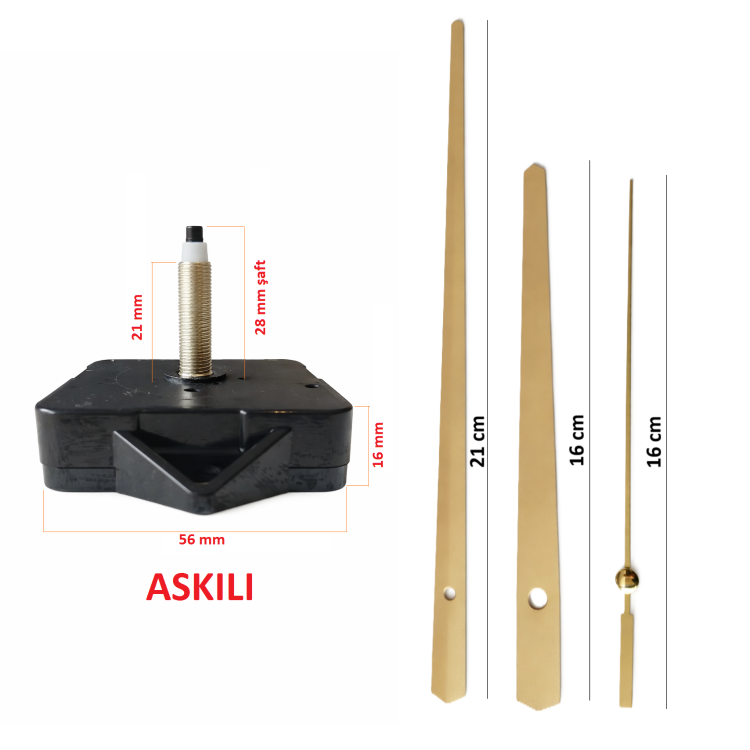Askılı 28 mm Şaft Akar Sessiz Duvar Saati Mekanizması -Metal akrep-yelkovan-saniye