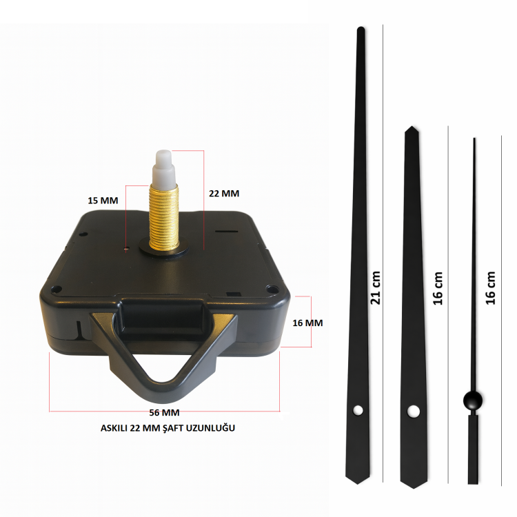 Askılı 22 mm Şaft Akar Sessiz Duvar Saati Mekanizması -Metal akrep-yelkovan-saniye
