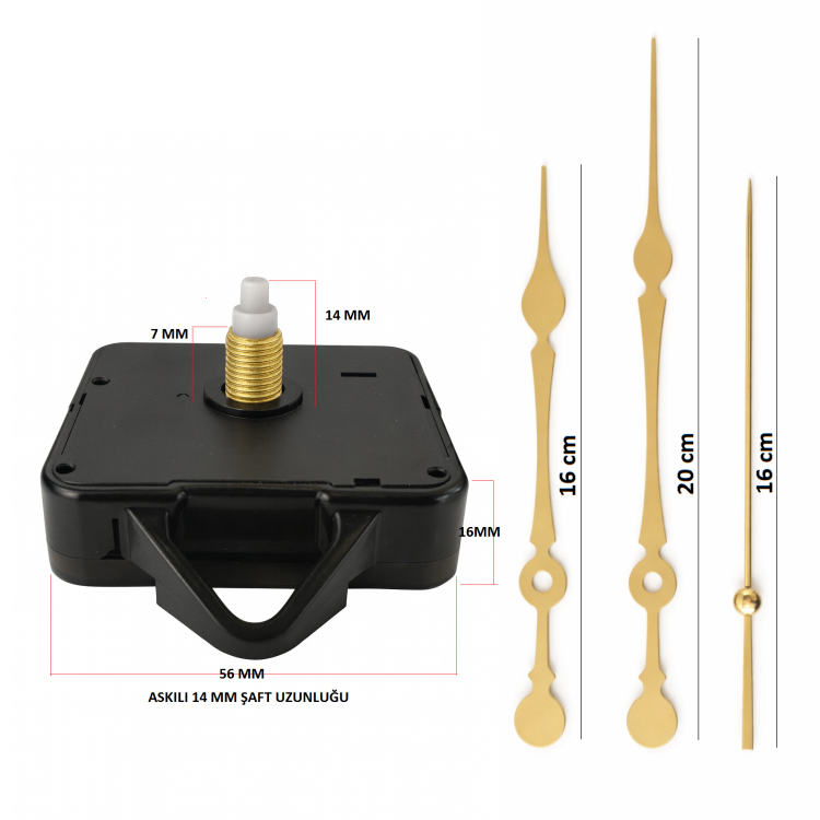 Askılı 14 mm Şaft Akar Sessiz Duvar Saati Mekanizması -Metal akrep-yelkovan-saniye