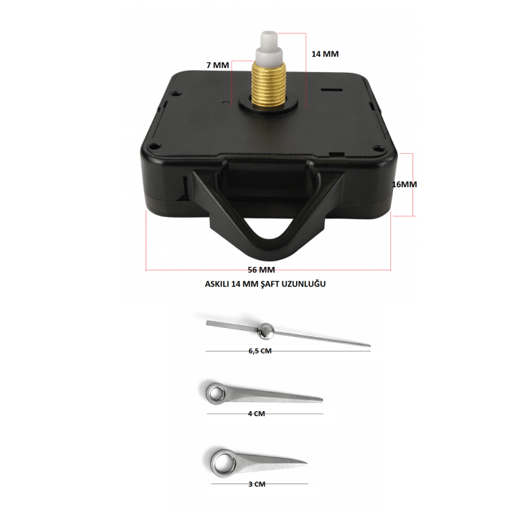 Askılı 14 mm Şaft  Akar Sessiz Duvar Saati Mekanizması -Metal akrep-yelkovan-saniye