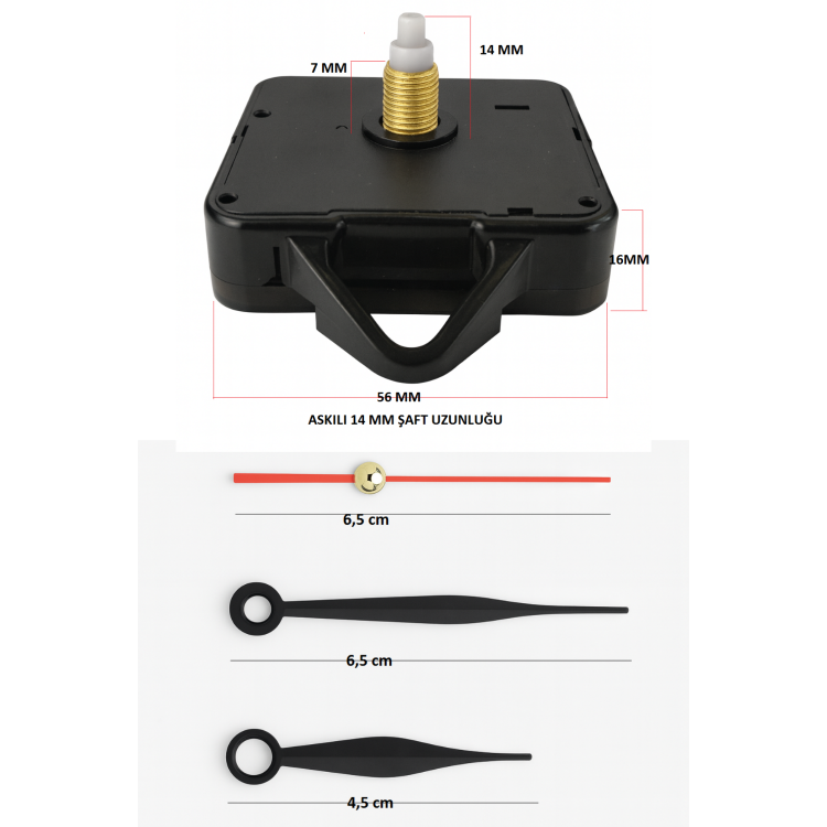 Askılı 14 mm Şaft Akar Sessiz Duvar Saati Mekanizması -Metal akrep-yelkovan-saniye