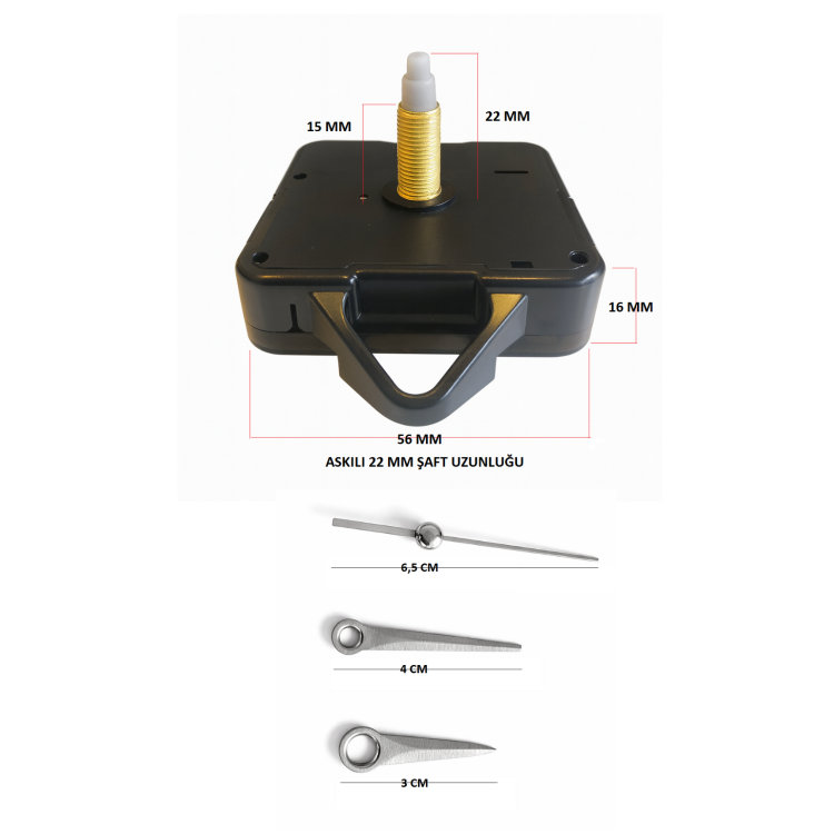 Askılı 22 mm Şaft  Akar Sessiz Duvar Saati Mekanizması -Metal akrep-yelkovan-saniye