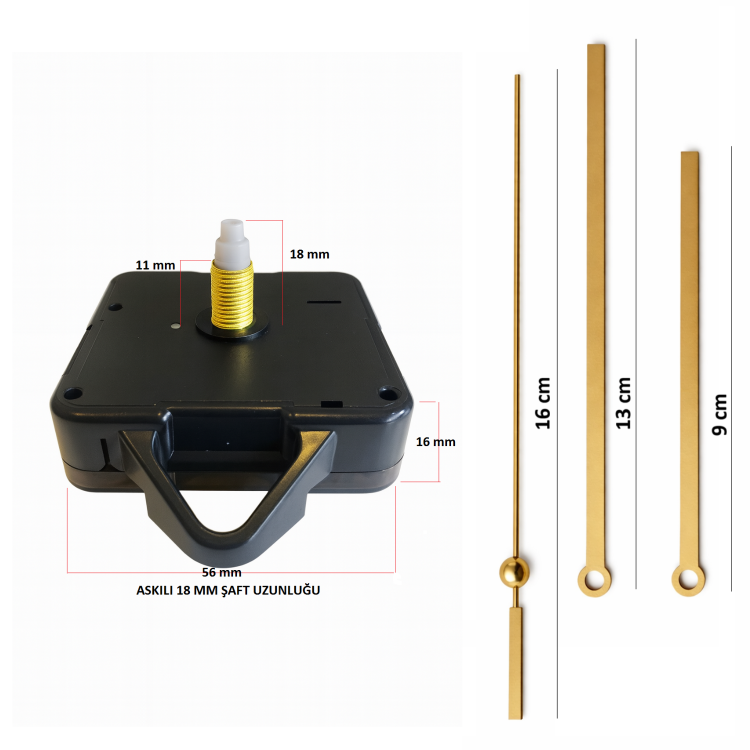 Askılı 18 mm Şaft Akar Sessiz Duvar Saati Mekanizması -Metal akrep-yelkovan-saniye