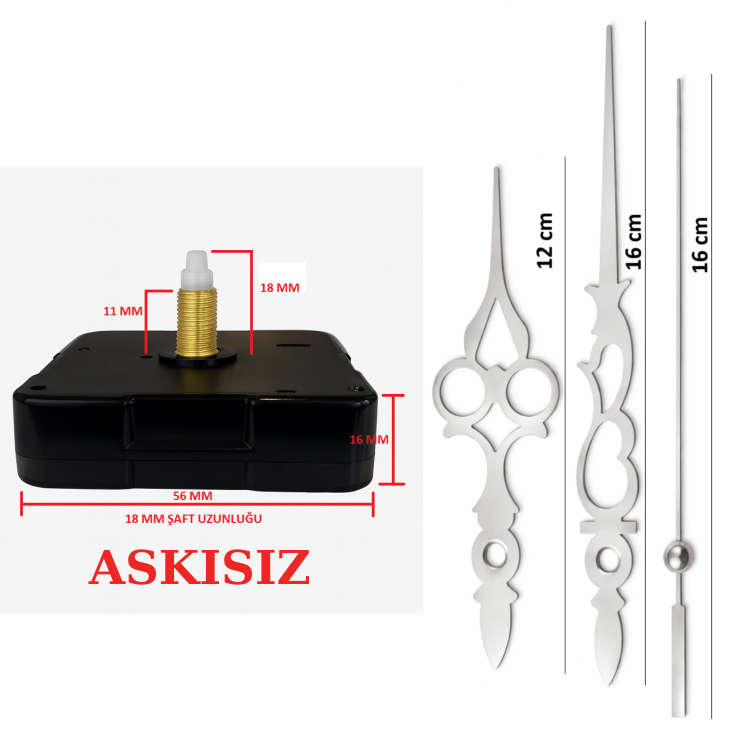 Askısız 18 mm Şaft Akar Sessiz Duvar Saati Mekanizması -Metal akrep-yelkovan-saniye