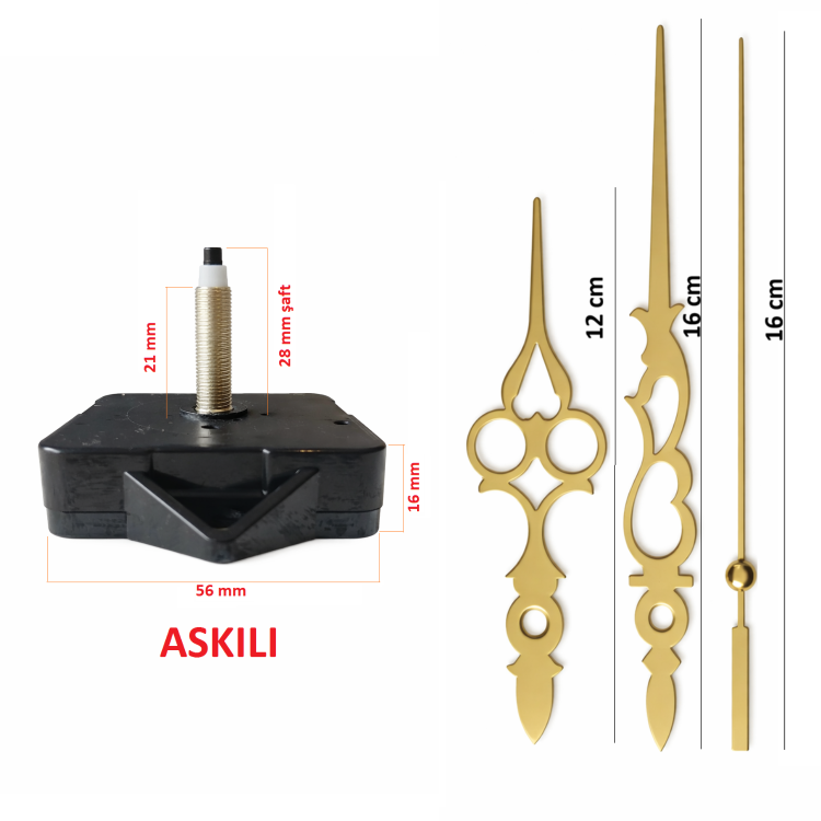 Askılı 28 mm Şaft  Akar Sessiz Duvar Saati Mekanizması -Metal akrep-yelkovan-saniye