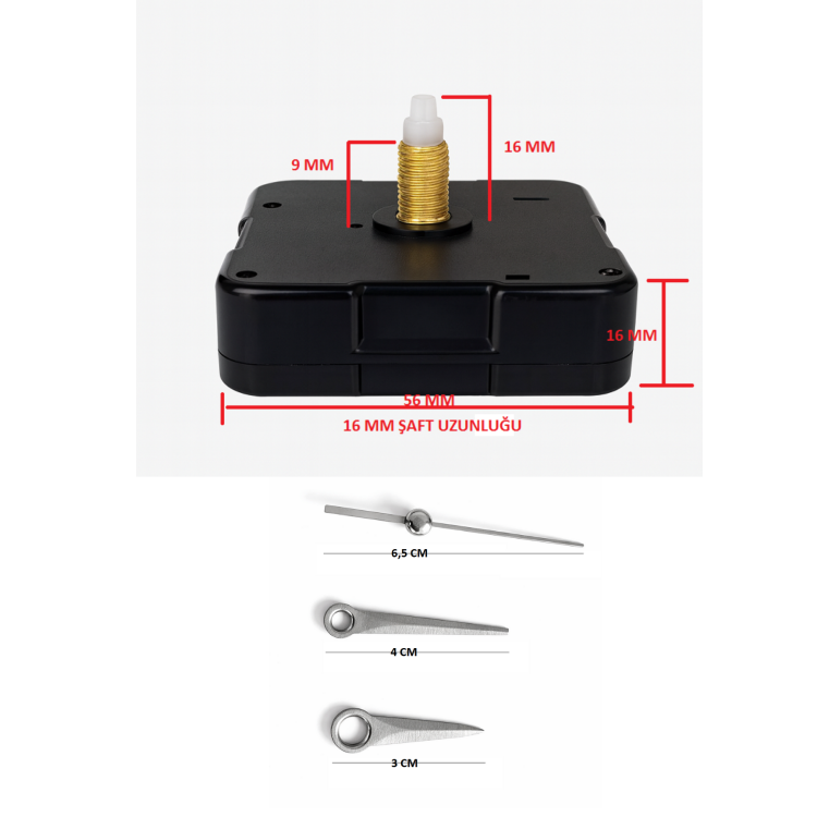 Askısız 16 mm Şaft Akar Sessiz Duvar Saati Mekanizması -Metal akrep-yelkovan-saniye