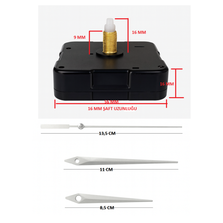 Askısız 16 mm Şaft Akar Sessiz Duvar Saati Mekanizması -Metal akrep-yelkovan-saniye