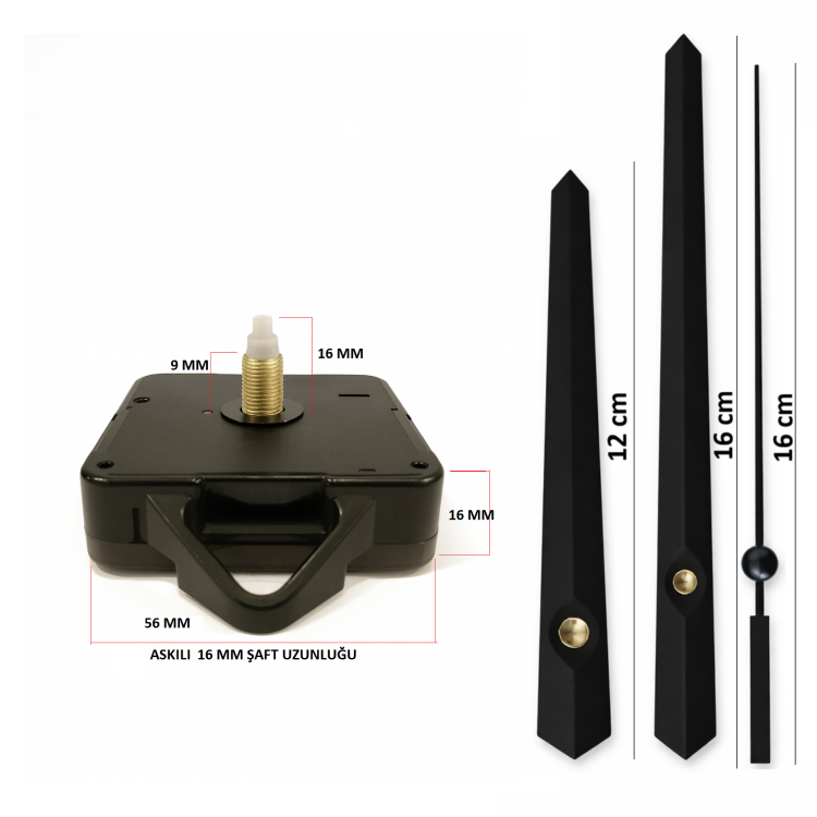 Askılı 16 mm Şaft  Akar Sessiz Duvar Saati Mekanizması -Metal akrep-yelkovan-saniye