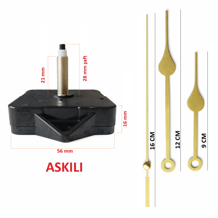 Askılı 28 mm Şaft  Akar Sessiz Duvar Saati Mekanizması -Metal akrep-yelkovan-saniye
