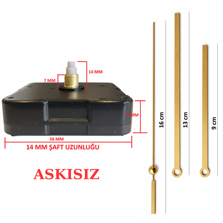 Askısız 14 mm Şaft Akar Sessiz Duvar Saati Mekanizması -Metal akrep-yelkovan-saniye
