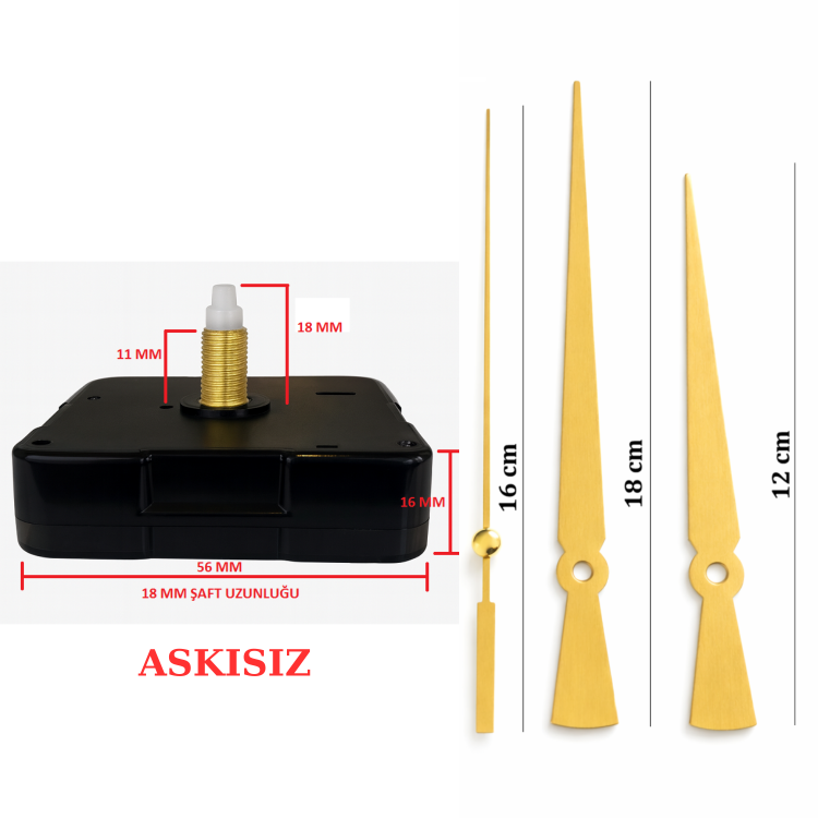 Askısız 18 mm Şaft  Akar Sessiz Duvar Saati Mekanizması -Metal akrep-yelkovan-saniye