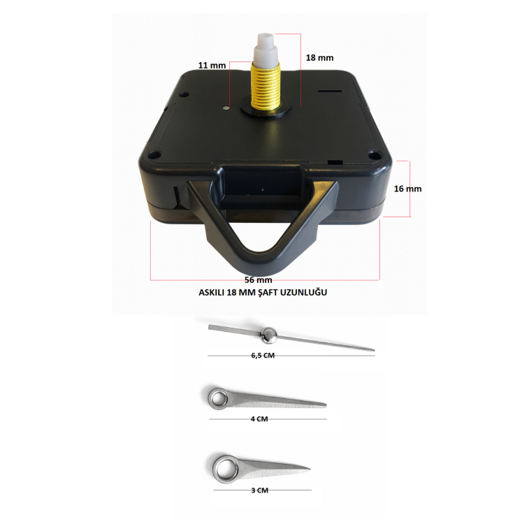Askılı 18 mm Şaft Akar Sessiz Duvar Saati Mekanizması -Metal akrep-yelkovan-saniye