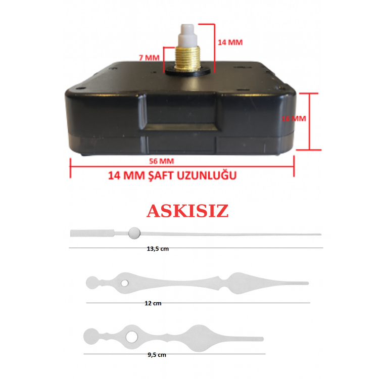 Askısız 14 mm Şaft Akar Sessiz Duvar Saati Mekanizması -Metal akrep-yelkovan-saniye