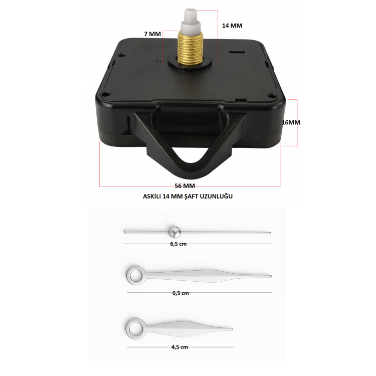 Askılı 14 mm Şaft Akar Sessiz Duvar Saati Mekanizması -Metal akrep-yelkovan-saniye