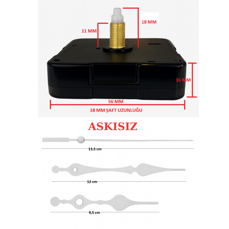 Askısız 18 mm Şaft Akar Sessiz Duvar Saati Mekanizması -Metal akrep-yelkovan-saniye