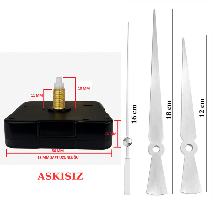 Askısız 18 mm Şaft  Akar Sessiz Duvar Saati Mekanizması -Metal akrep-yelkovan-saniye