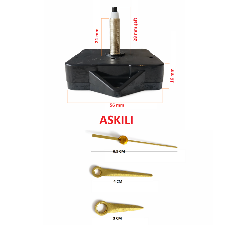 Askılı 28 mm Şaft  Akar Sessiz Duvar Saati Mekanizması -Metal akrep-yelkovan-saniye