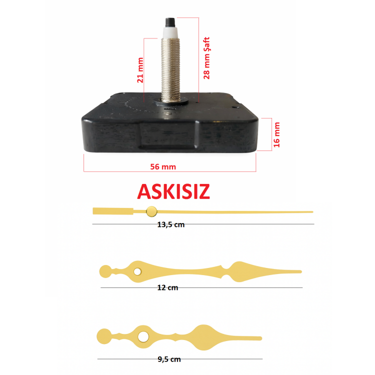 Askısız 28 mm Şaft  Akar Sessiz Duvar Saati Mekanizması -Metal akrep-yelkovan-saniye