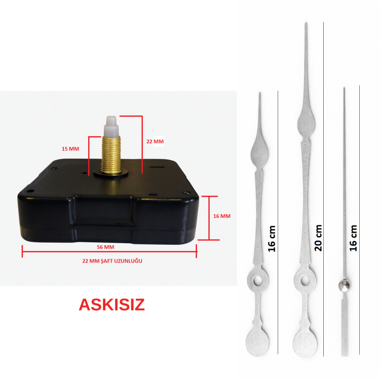 Askısız 22 mm Şaft Akar Sessiz Duvar Saati Mekanizması -Metal akrep-yelkovan-saniye
