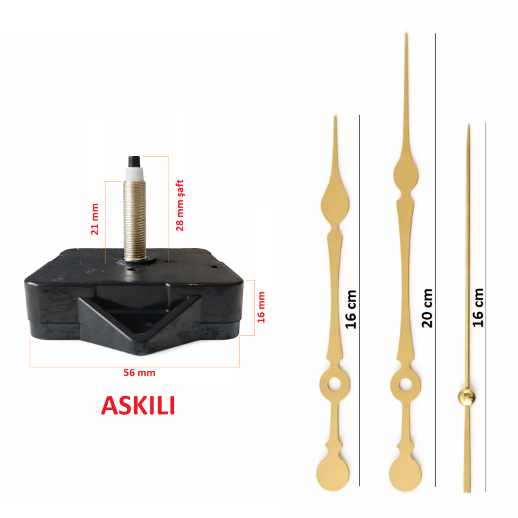 Askılı 28 mm Şaft  Akar Sessiz Duvar Saati Mekanizması -Metal akrep-yelkovan-saniye