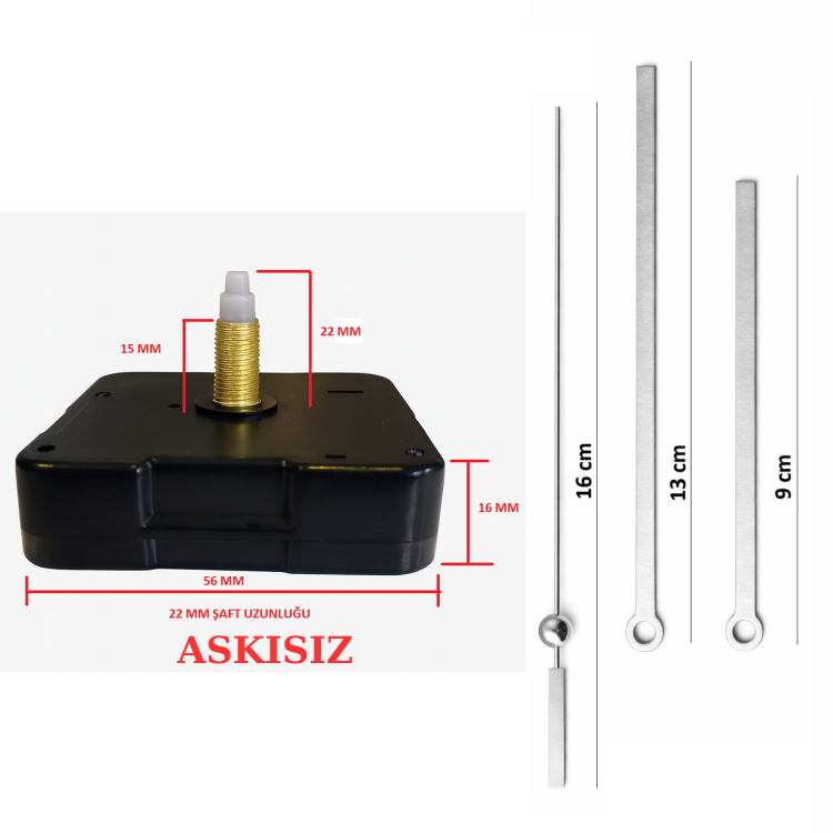 Askısız 22 mm Şaft Akar Sessiz Duvar Saati Mekanizması -Metal akrep-yelkovan-saniye