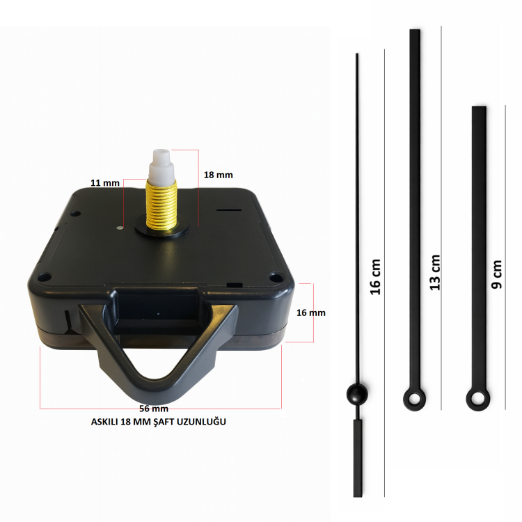 Askılı 18 mm Şaft Akar Sessiz Duvar Saati Mekanizması -Metal akrep-yelkovan-saniye