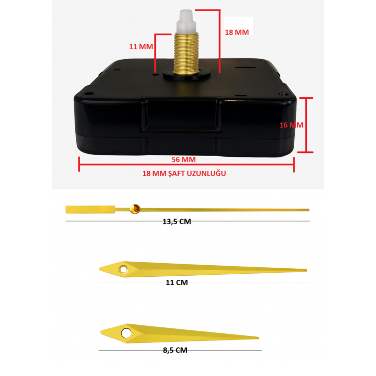 Askısız 18 mm Şaft Akar Sessiz Duvar Saati Mekanizması -Metal akrep-yelkovan-saniye
